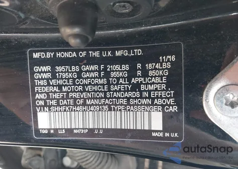 2017 Honda Civic Sport z USA, uszkodzony, nr VIN SHHFK7H46HU409135